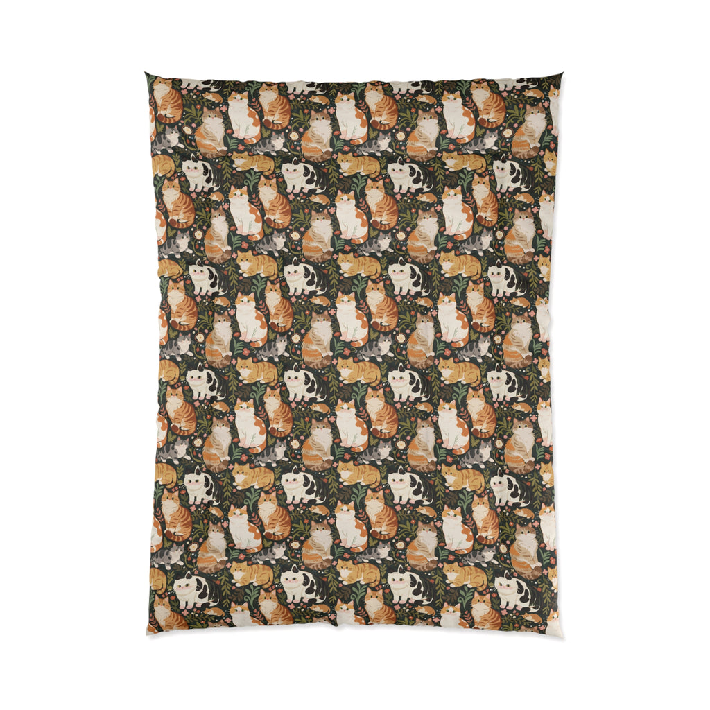 Comforter - Whimsical cat and kitten garden party, various cat breeds amidst green foliage and pink flowers, charming animal illustration, dark forest green background, playful and natural art
