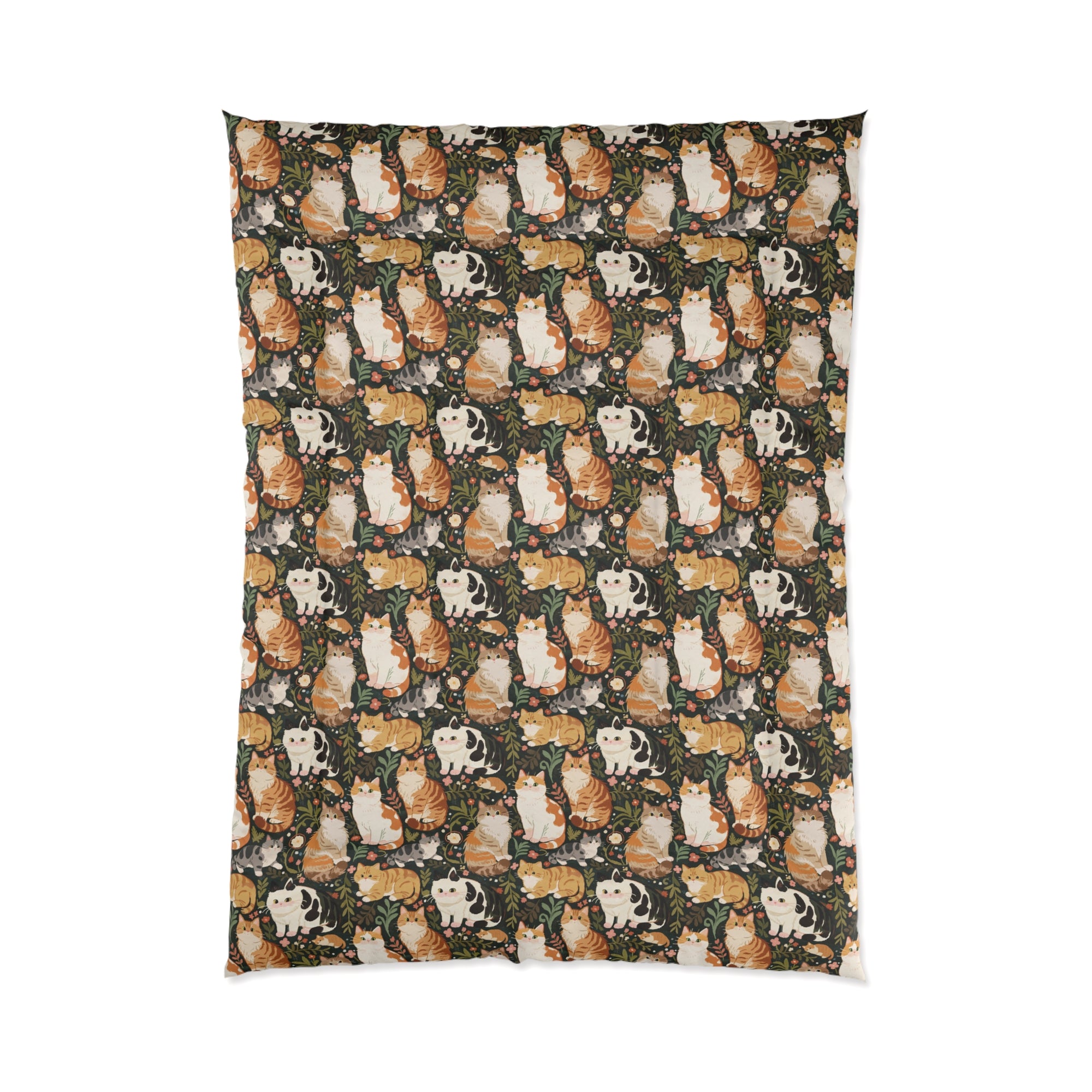 Comforter - Whimsical cat and kitten garden party, various cat breeds amidst green foliage and pink flowers, charming animal illustration, dark forest green background, playful and natural art