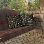 Outdoor Pillow - A sleek and stylish Art Deco-inspired pattern depicting a serene nocturnal landscape with streamlined cat silhouettes and radiating golden light among abstract plants.