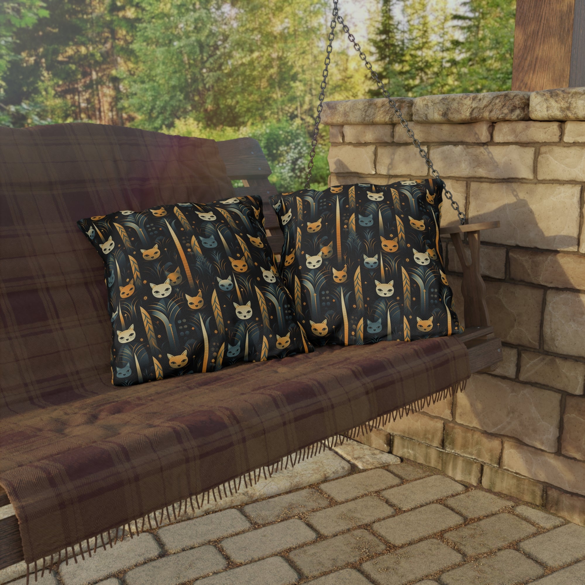 Outdoor Pillow - A sleek and stylish Art Deco-inspired pattern depicting a serene nocturnal landscape with streamlined cat silhouettes and radiating golden light among abstract plants.