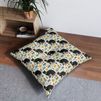 Indoor Square Floor Pillow - Majestic Black Egyptian Cats with Vibrant Adornments and Desert Motifs Create a Striking and Culturally Rich Design