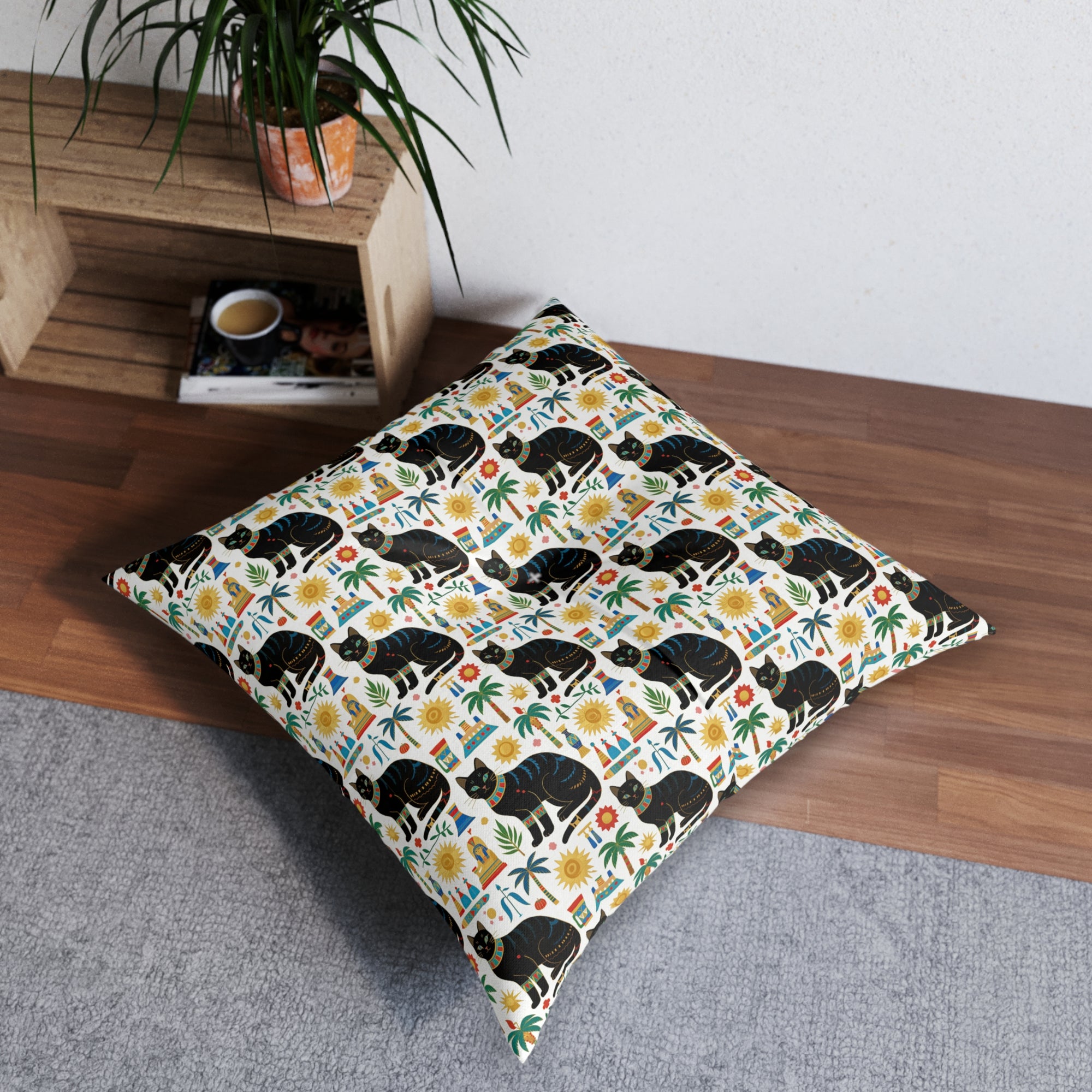 Indoor Square Floor Pillow - Majestic Black Egyptian Cats with Vibrant Adornments and Desert Motifs Create a Striking and Culturally Rich Design