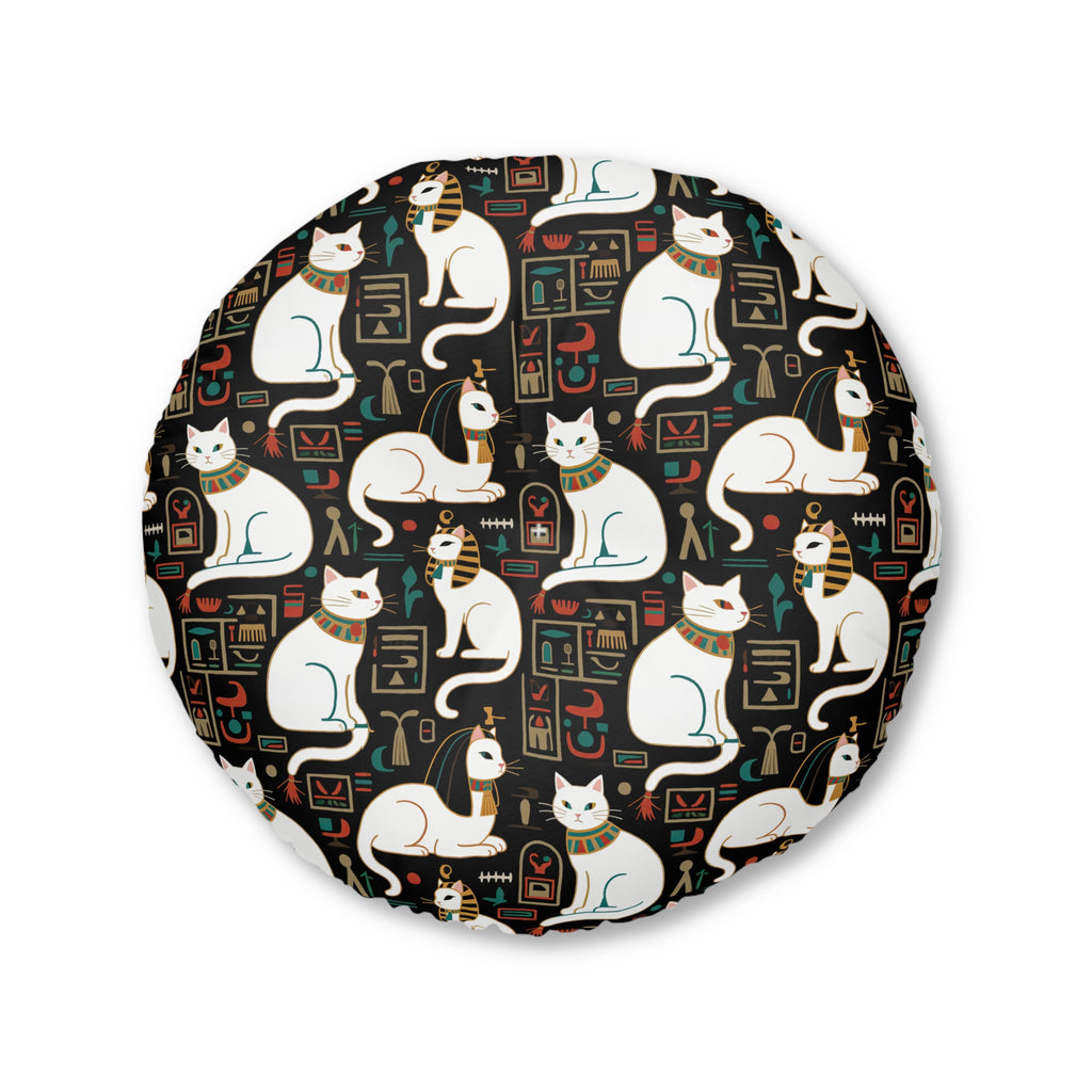 Indoor Round Floor Pillow - Regal White Egyptian Cats with Ornate Collars and Ancient Symbols Adorn this Historically Inspired and Mystical Pattern