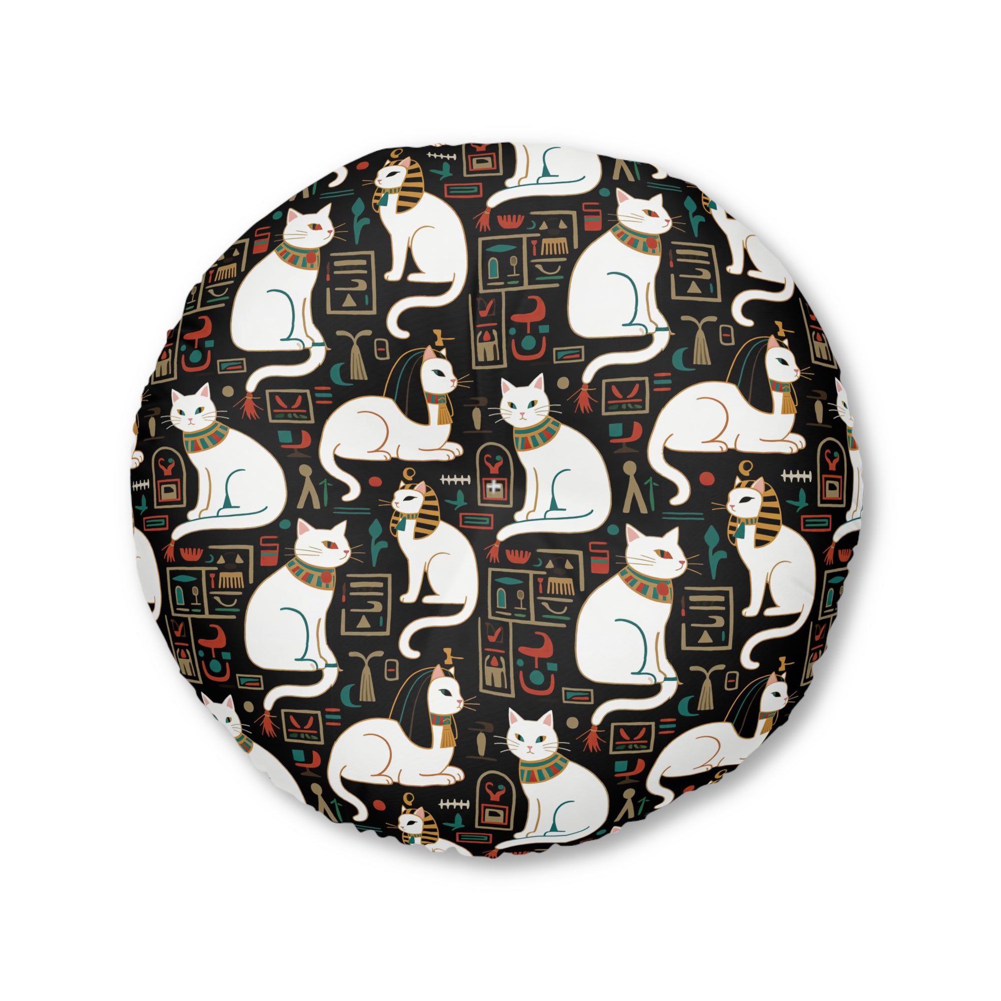 Indoor Round Floor Pillow - Regal White Egyptian Cats with Ornate Collars and Ancient Symbols Adorn this Historically Inspired and Mystical Pattern