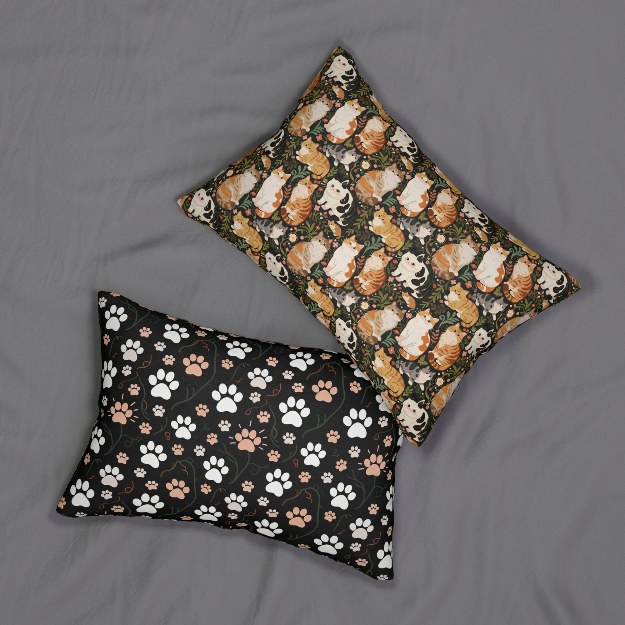 Indoor Lumbar Pillow - Whimsical cat and kitten garden party, various cat breeds amidst green foliage and pink flowers, charming animal illustration, dark forest green background, playful and natural art