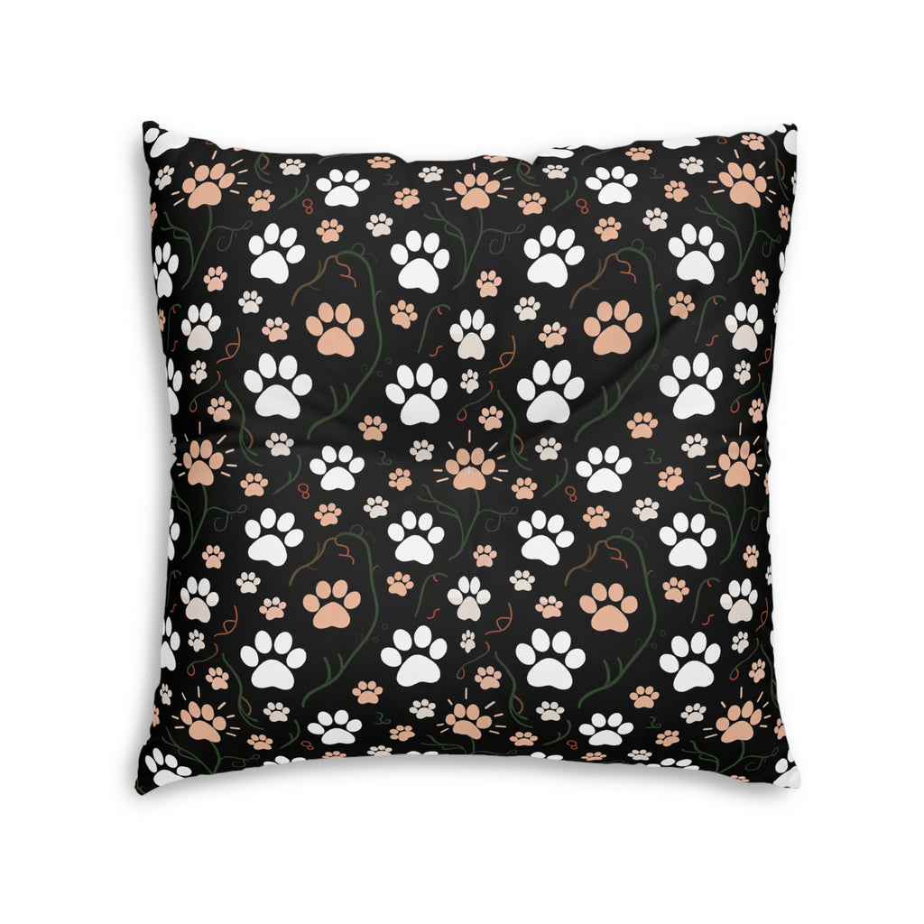 Indoor Square Floor Pillow - Grey and White Kittens Playing with Golden Yarn on a Black Background with Paw Prints