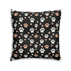 Indoor Square Floor Pillow - Grey and White Kittens Playing with Golden Yarn on a Black Background with Paw Prints
