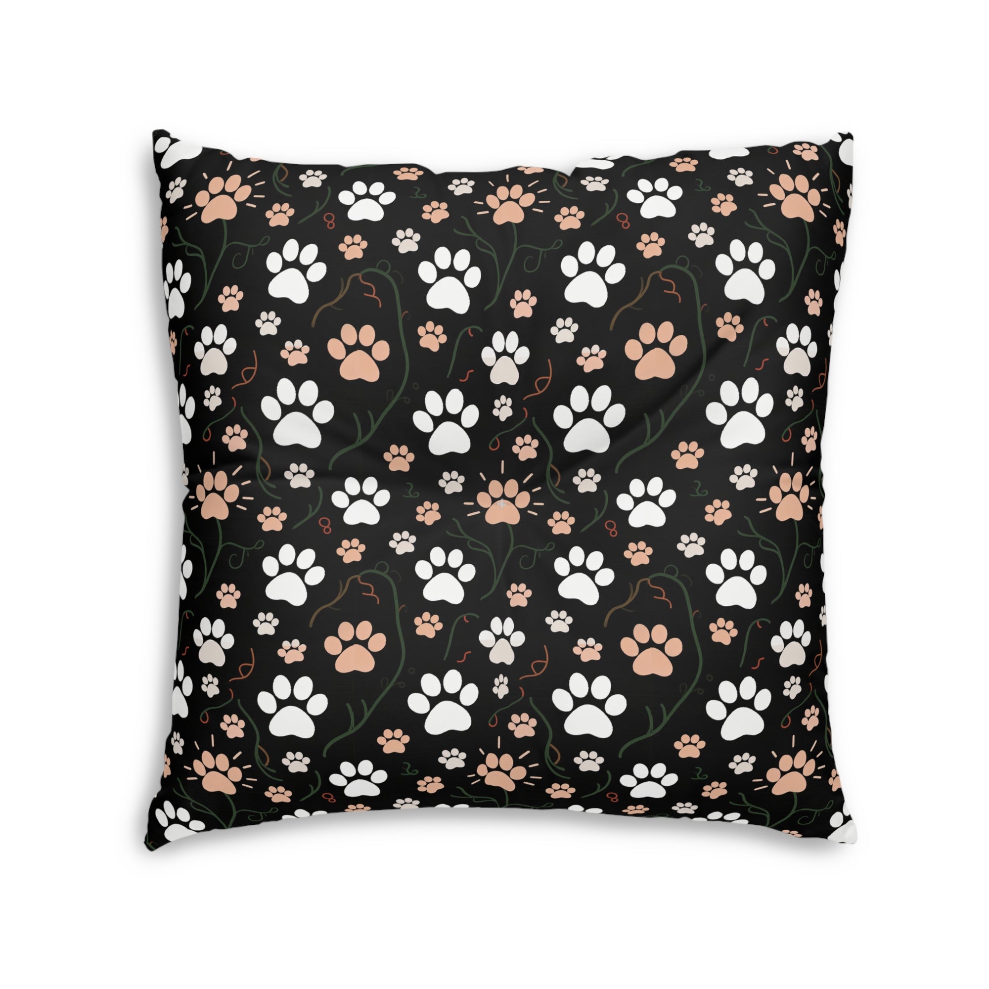 Indoor Square Floor Pillow - Grey and White Kittens Playing with Golden Yarn on a Black Background with Paw Prints