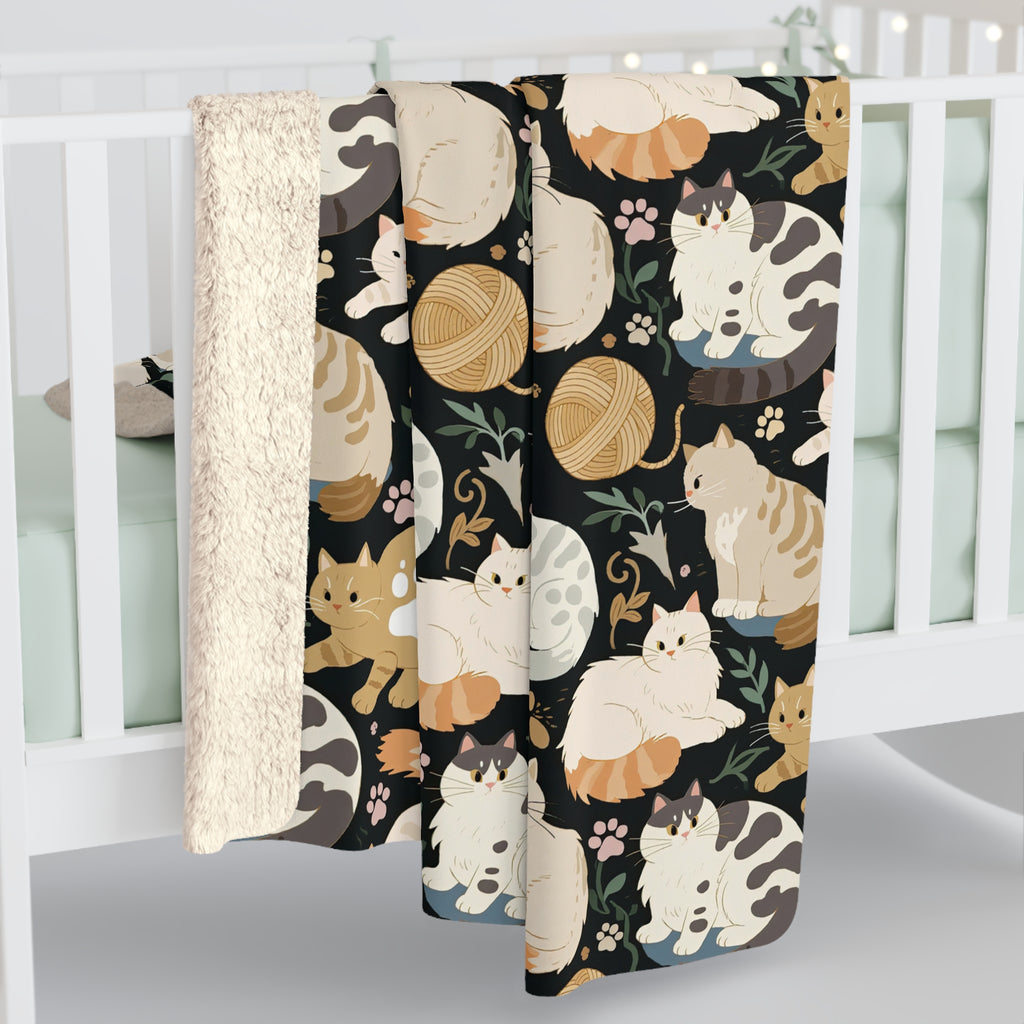 Sherpa Blanket - Diverse cats and kittens in a dark garden, various breeds and colors, soft natural tones with foliage and paw prints, charming animal illustration, dark background, gentle pet themed art