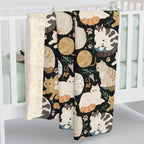 Sherpa Blanket - Diverse cats and kittens in a dark garden, various breeds and colors, soft natural tones with foliage and paw prints, charming animal illustration, dark background, gentle pet themed art