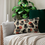 Indoor Lumbar Pillow - A whimsical and delightful hand-drawn style pattern of adorable black cats eating bowls of delicious ramen noodles with a large red sun in the background.