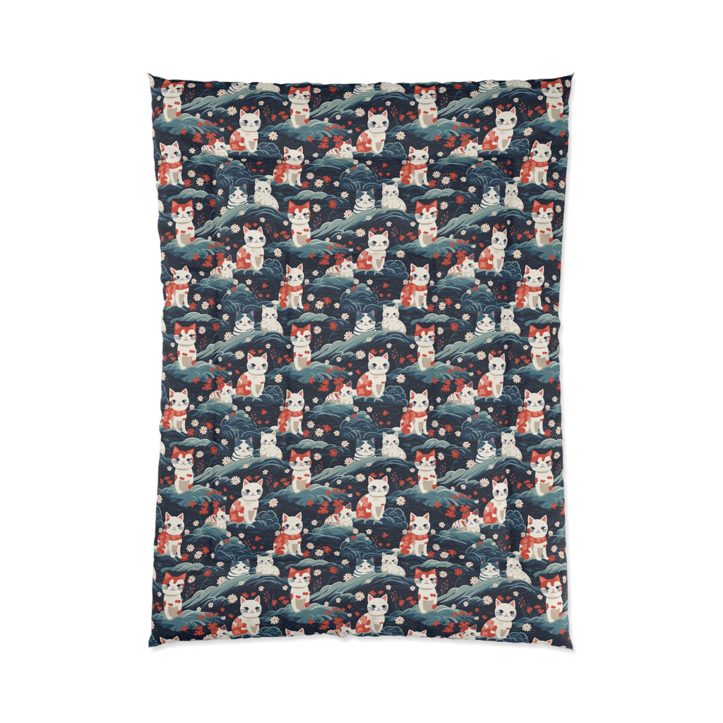 Comforter - A serene and sweet Japanese landscape pattern featuring multicolored cats relaxing within a tranquil field of red and white flowers and gentle blue hills.