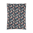 Comforter - A serene and sweet Japanese landscape pattern featuring multicolored cats relaxing within a tranquil field of red and white flowers and gentle blue hills.