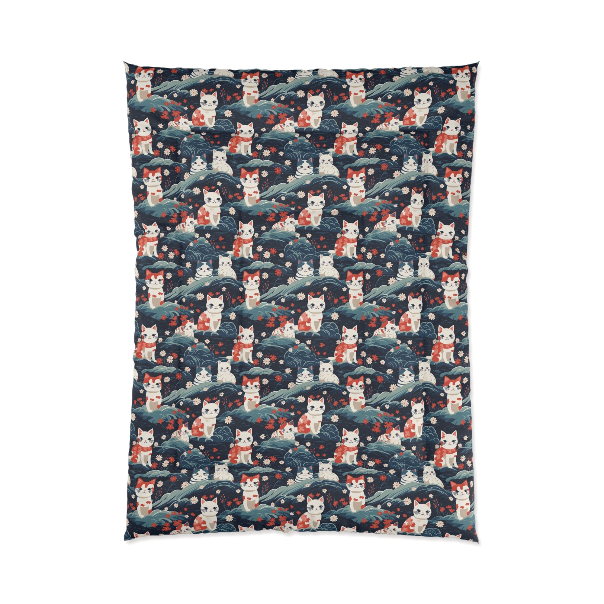 Comforter - A serene and sweet Japanese landscape pattern featuring multicolored cats relaxing within a tranquil field of red and white flowers and gentle blue hills.