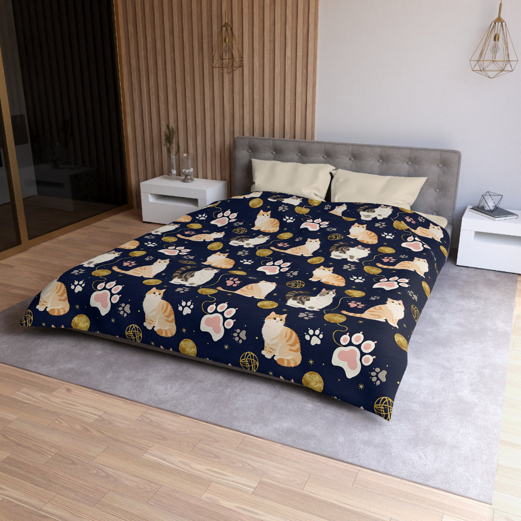 Duvet Cover - Charming cats and golden yarn playful design, cute kittens with paw prints, whimsical animal art for cat lovers, dark blue background, delightful pet themed illustration