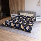 Duvet Cover - Charming cats and golden yarn playful design, cute kittens with paw prints, whimsical animal art for cat lovers, dark blue background, delightful pet themed illustration