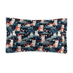 Pillow Sham - A serene and sweet Japanese landscape pattern featuring multicolored cats relaxing within a tranquil field of red and white flowers and gentle blue hills.