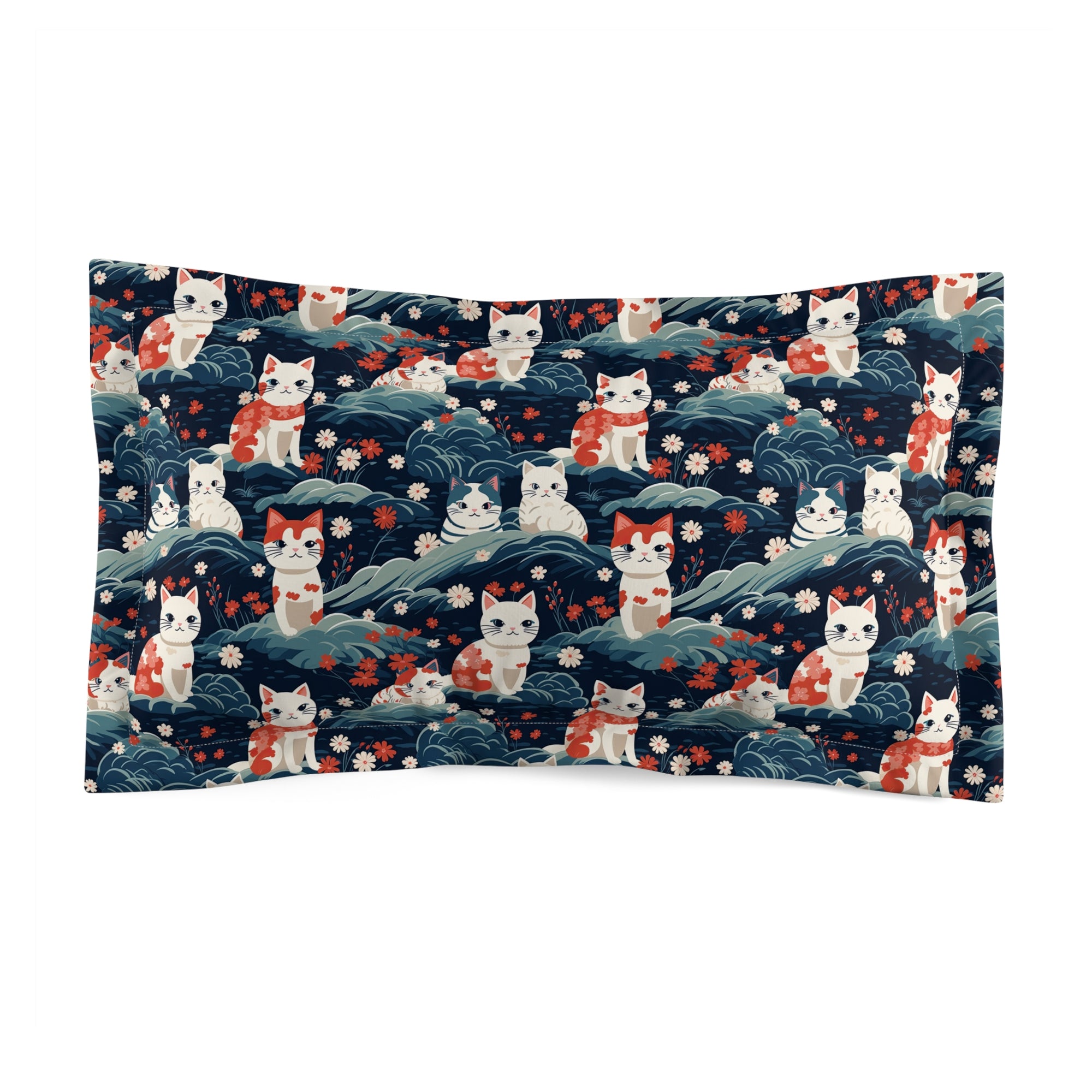 Pillow Sham - A serene and sweet Japanese landscape pattern featuring multicolored cats relaxing within a tranquil field of red and white flowers and gentle blue hills.