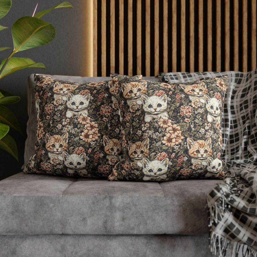 Square Pillowcase - Peach and White Kittens in Dark Floral Garden, Vintage Style, Sweet and Charming Scene