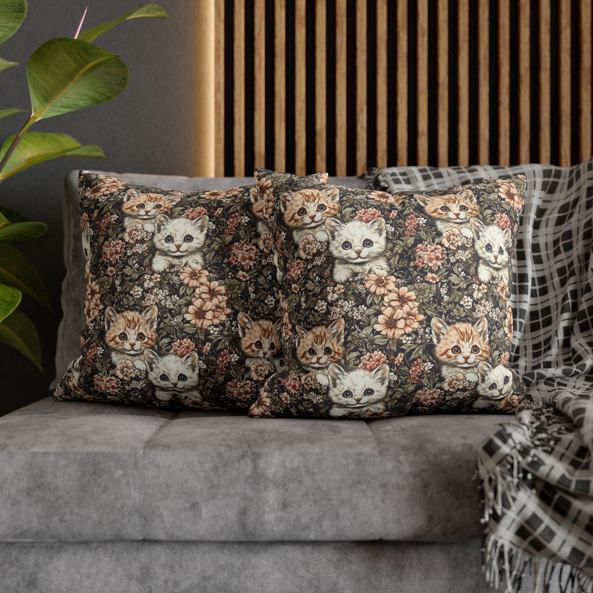 Square Pillowcase - Peach and White Kittens in Dark Floral Garden, Vintage Style, Sweet and Charming Scene