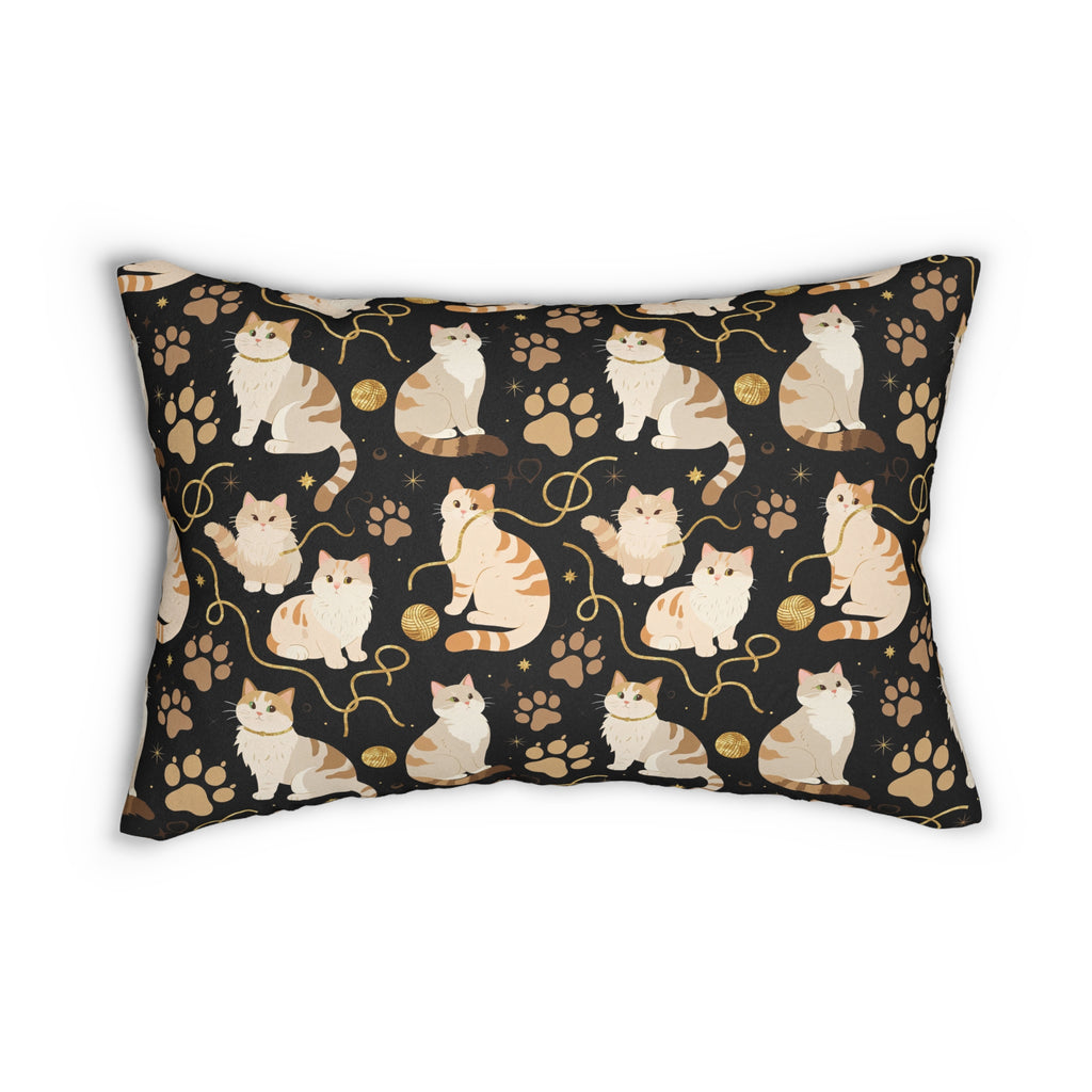 Indoor Lumbar Pillow - Elegant felines and sparkling gold yarn on black, adorable cats with golden paw prints, sophisticated pet motif, charming animal pattern, cozy and warm artistic illustration