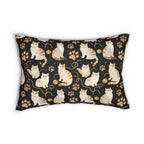 Indoor Lumbar Pillow - Elegant felines and sparkling gold yarn on black, adorable cats with golden paw prints, sophisticated pet motif, charming animal pattern, cozy and warm artistic illustration