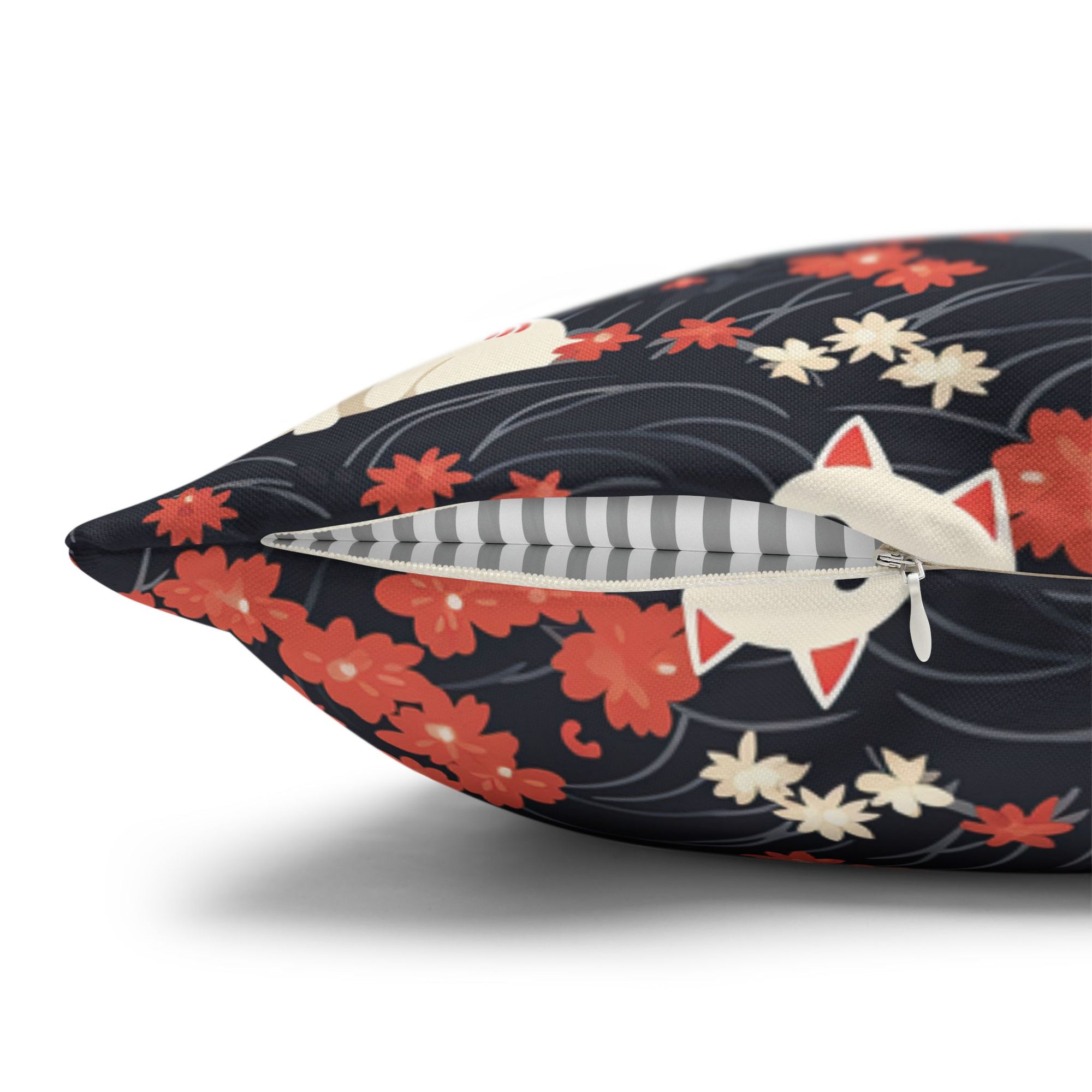 Square Pillowcase - A charming, minimalist, Japanese-style illustration of cute white cats sitting amongst vibrant red and white flowers on a dark background.