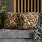 Square Pillowcase - Grey Tabby Kittens in a Garden of Red, Peach, and Yellow Flowers, Soft Vintage Style