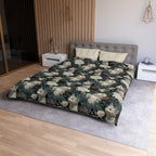 Duvet Cover - Grey and White Kittens with Creamy White Flowers and Dark Green Foliage, Elegant Vintage Vibe