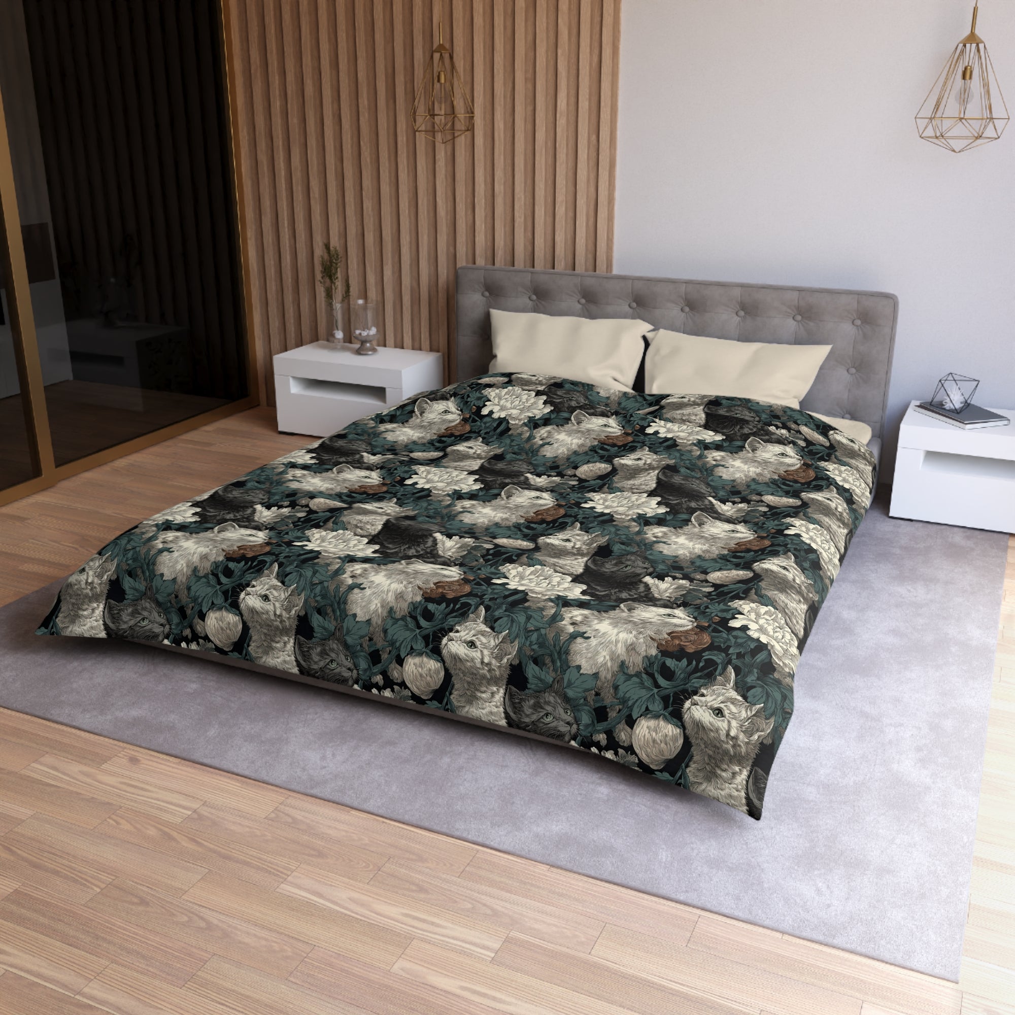 Duvet Cover - Grey and White Kittens with Creamy White Flowers and Dark Green Foliage, Elegant Vintage Vibe