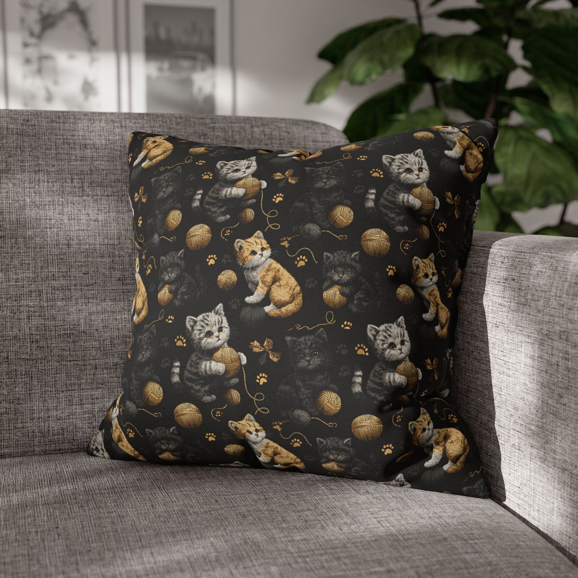 Square Pillowcase - Assorted Cute Kittens with Colorful Yarn Balls and Paw Prints on a Black Backdrop