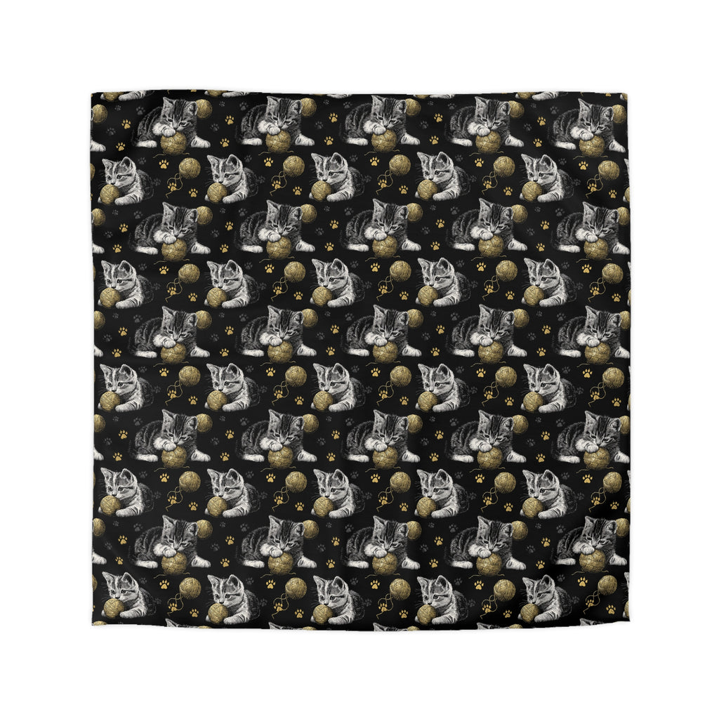 Duvet Cover - Grey and White Kittens Playing with Golden Yarn on a Black Background with Paw Prints