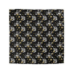 Duvet Cover - Grey and White Kittens Playing with Golden Yarn on a Black Background with Paw Prints