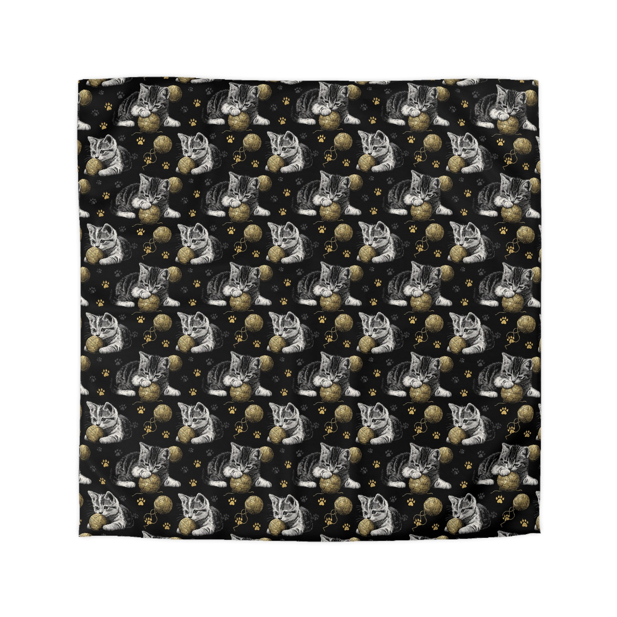 Duvet Cover - Grey and White Kittens Playing with Golden Yarn on a Black Background with Paw Prints