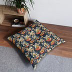 Indoor Square Floor Pillow - A charming and detailed illustration of happy kittens in red ramen bowls eating their noodles with chopsticks among beautiful pink cherry blossoms on a dark background.
