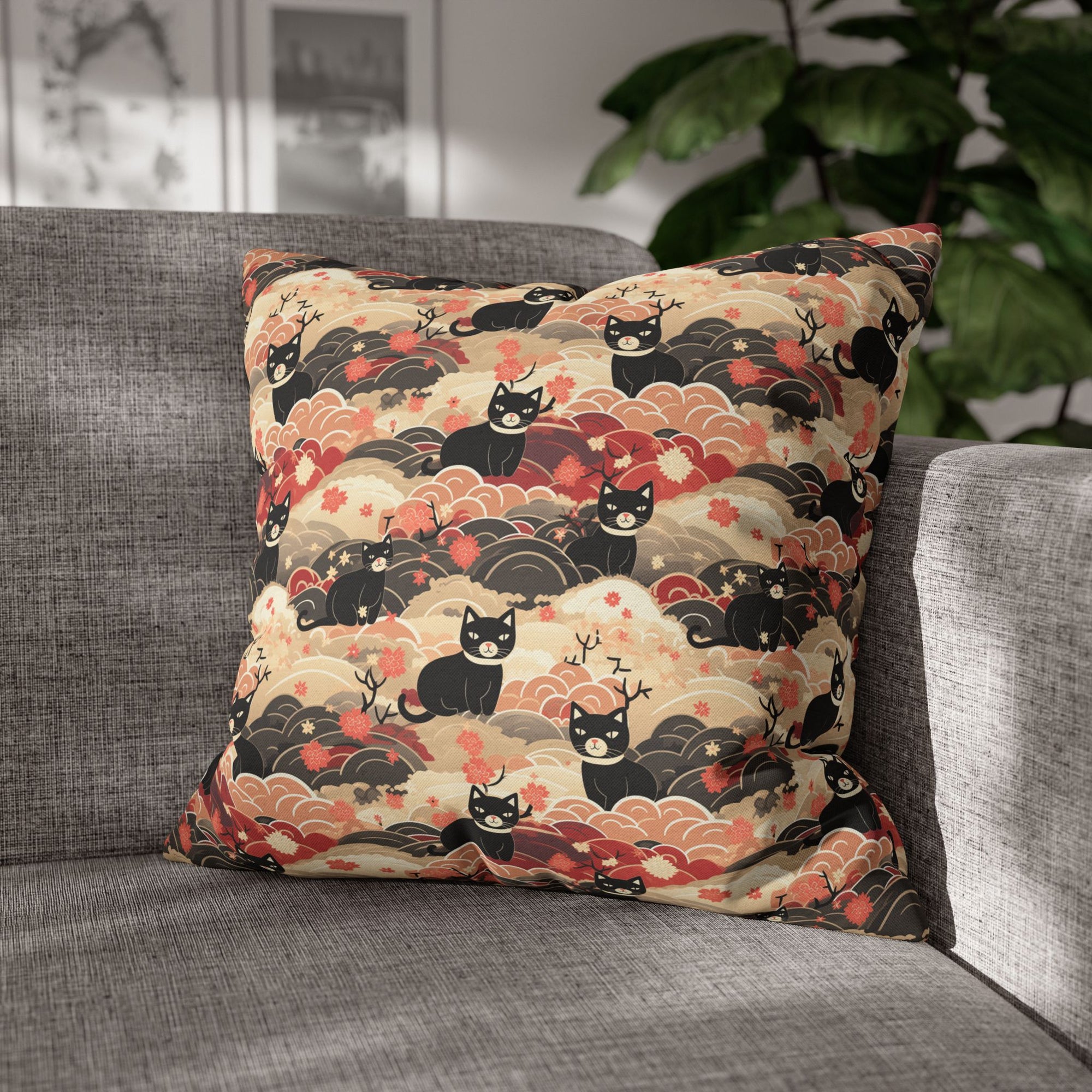 Square Pillowcase - A whimsical and enchanting Japanese-style pattern featuring cute black and orange cats nestled among vibrant orange blossoms and soft, cloudy backgrounds.