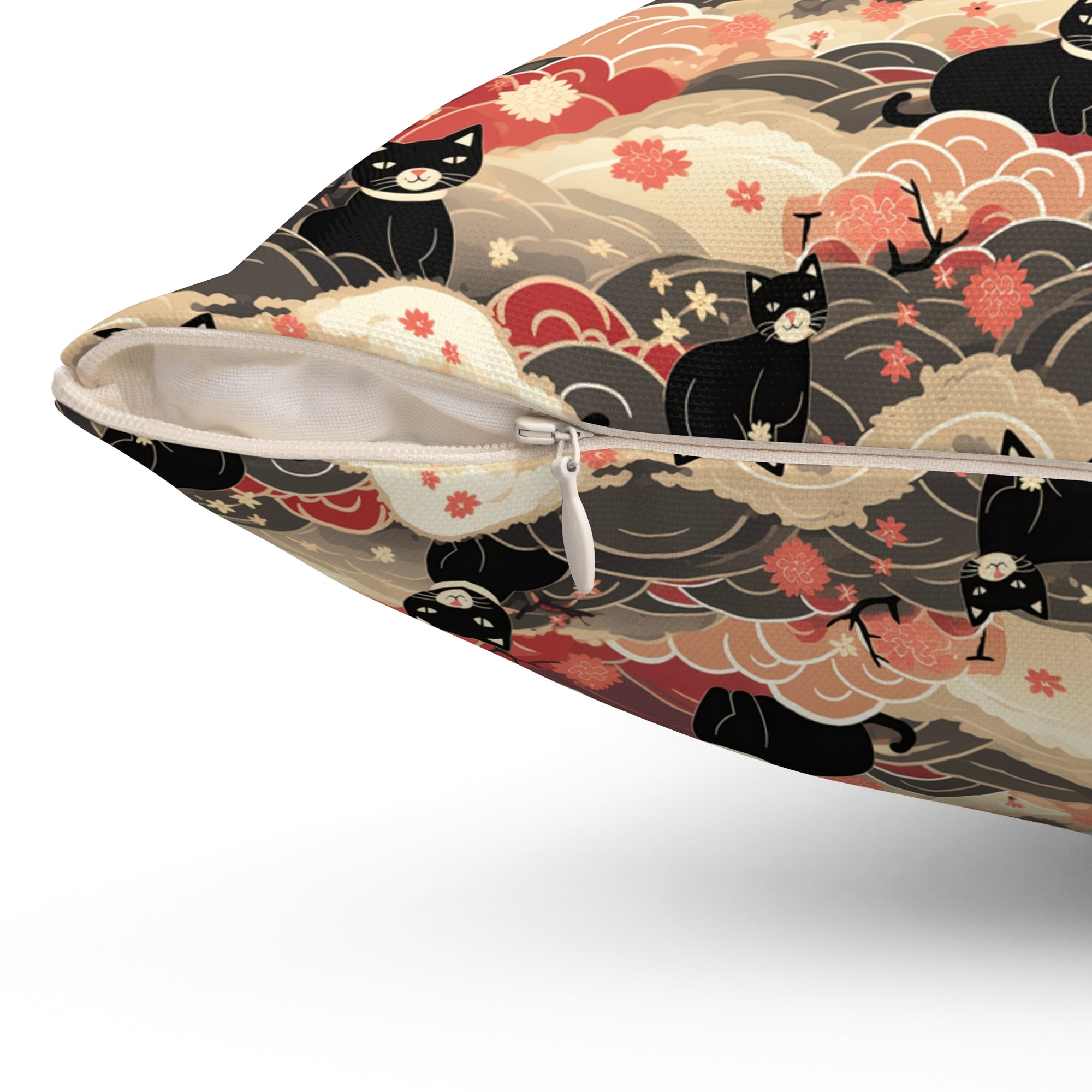 Indoor Square Pillow - A whimsical and enchanting Japanese-style pattern featuring cute black and orange cats nestled among vibrant orange blossoms and soft, cloudy backgrounds.