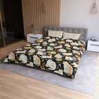 Duvet Cover - Diverse cats and kittens in a dark garden, various breeds and colors, soft natural tones with foliage and paw prints, charming animal illustration, dark background, gentle pet themed art