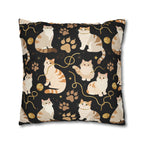 Square Pillowcase - Elegant felines and sparkling gold yarn on black, adorable cats with golden paw prints, sophisticated pet motif, charming animal pattern, cozy and warm artistic illustration