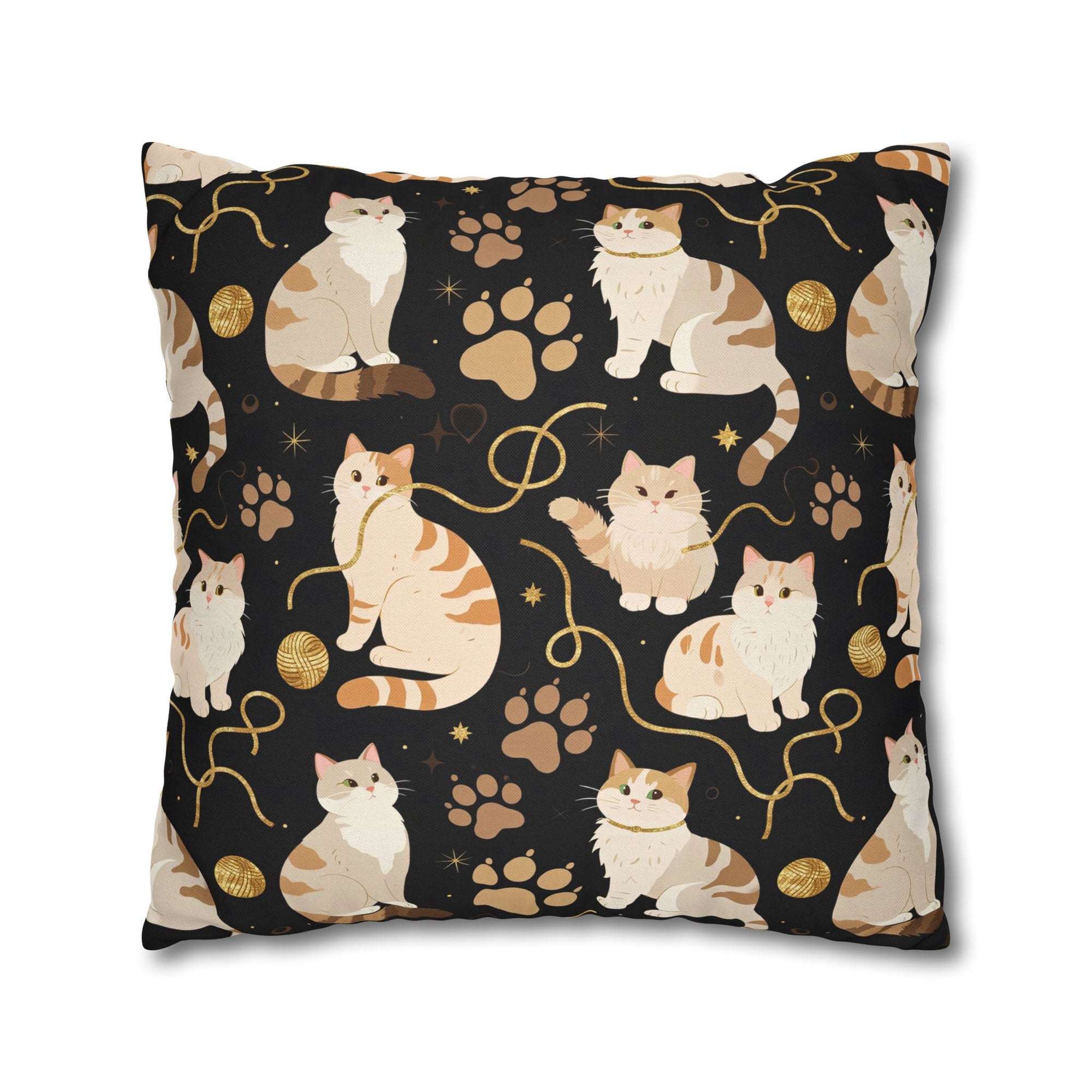 Square Pillowcase - Elegant felines and sparkling gold yarn on black, adorable cats with golden paw prints, sophisticated pet motif, charming animal pattern, cozy and warm artistic illustration