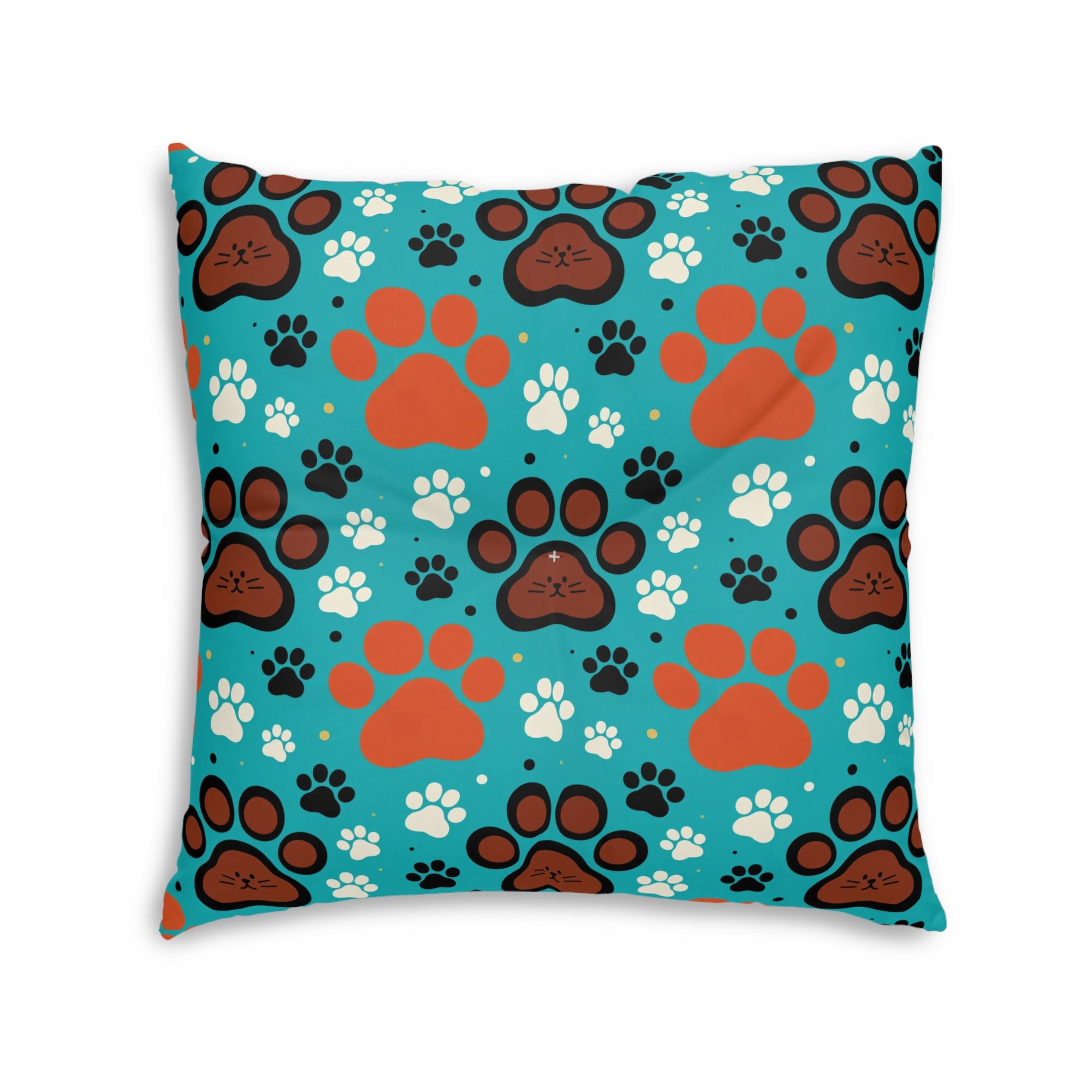Indoor Square Floor Pillow - Colorful folk art patterned cats, vibrant orange and teal hues, playful felines with yarn and paw prints, bohemian animal illustration, cream background, artistic and cheerful design