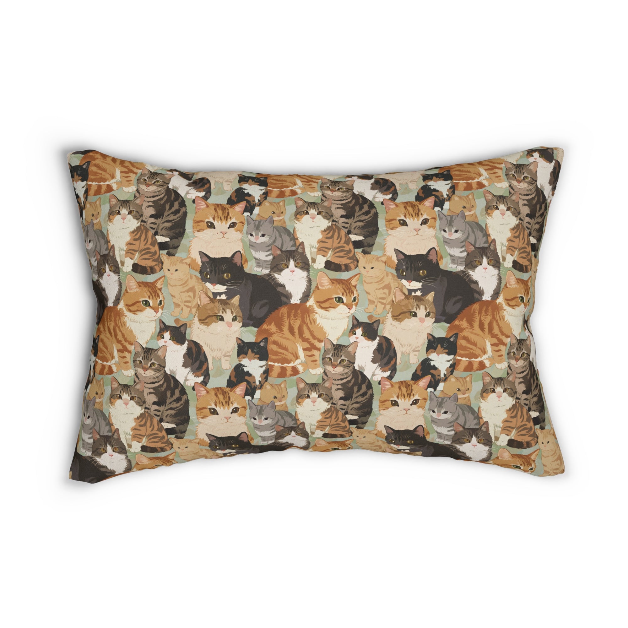 Indoor Lumbar Pillow - A Densely Packed Gathering of Adorable Felines Featuring a Wide Range of Breeds and Playful Expressions in Close Proximity