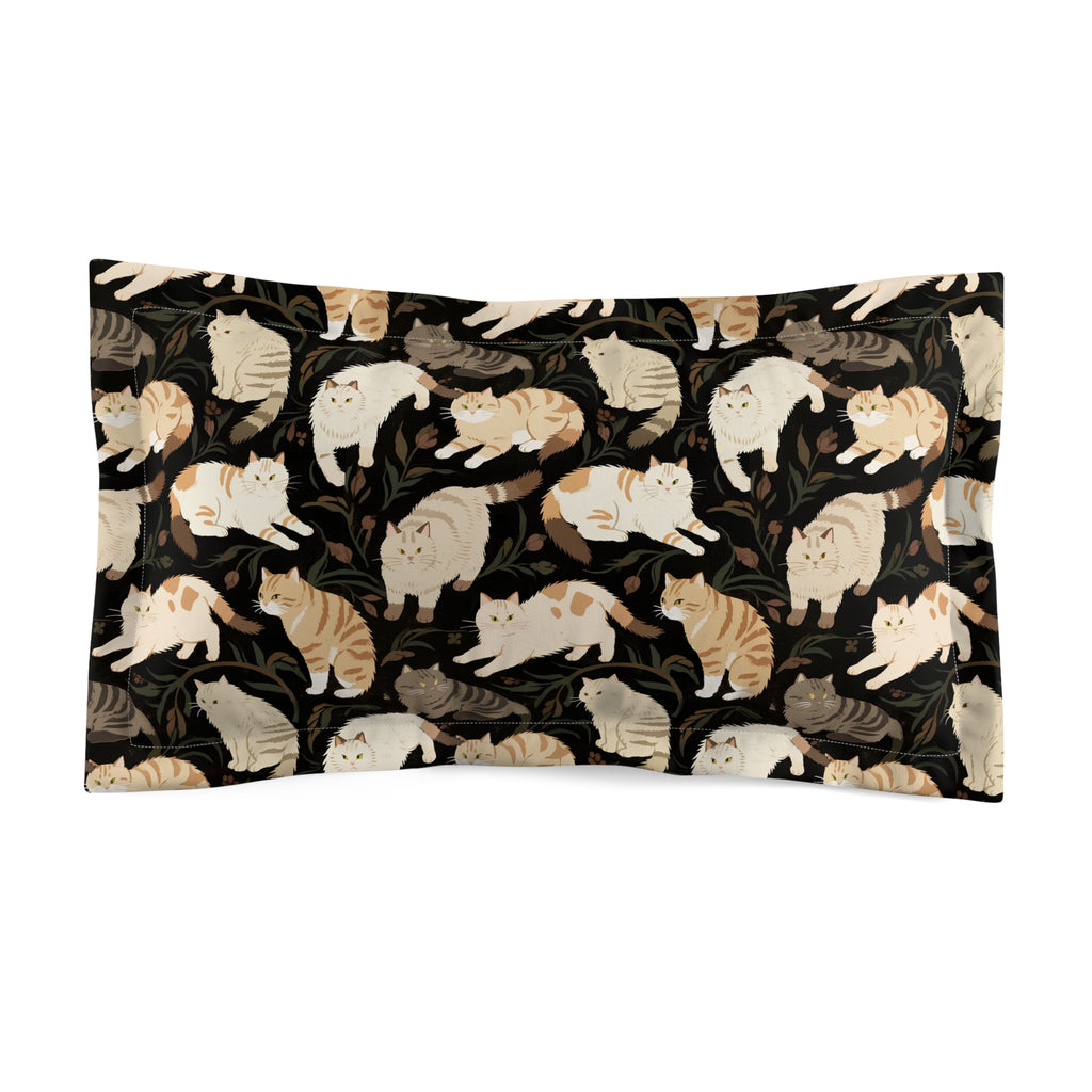 Pillow Sham - Earthy Toned Cats Lounge and Play Amidst Dark Foliage in a Serene and Naturally Inspired Seamless Pattern Design