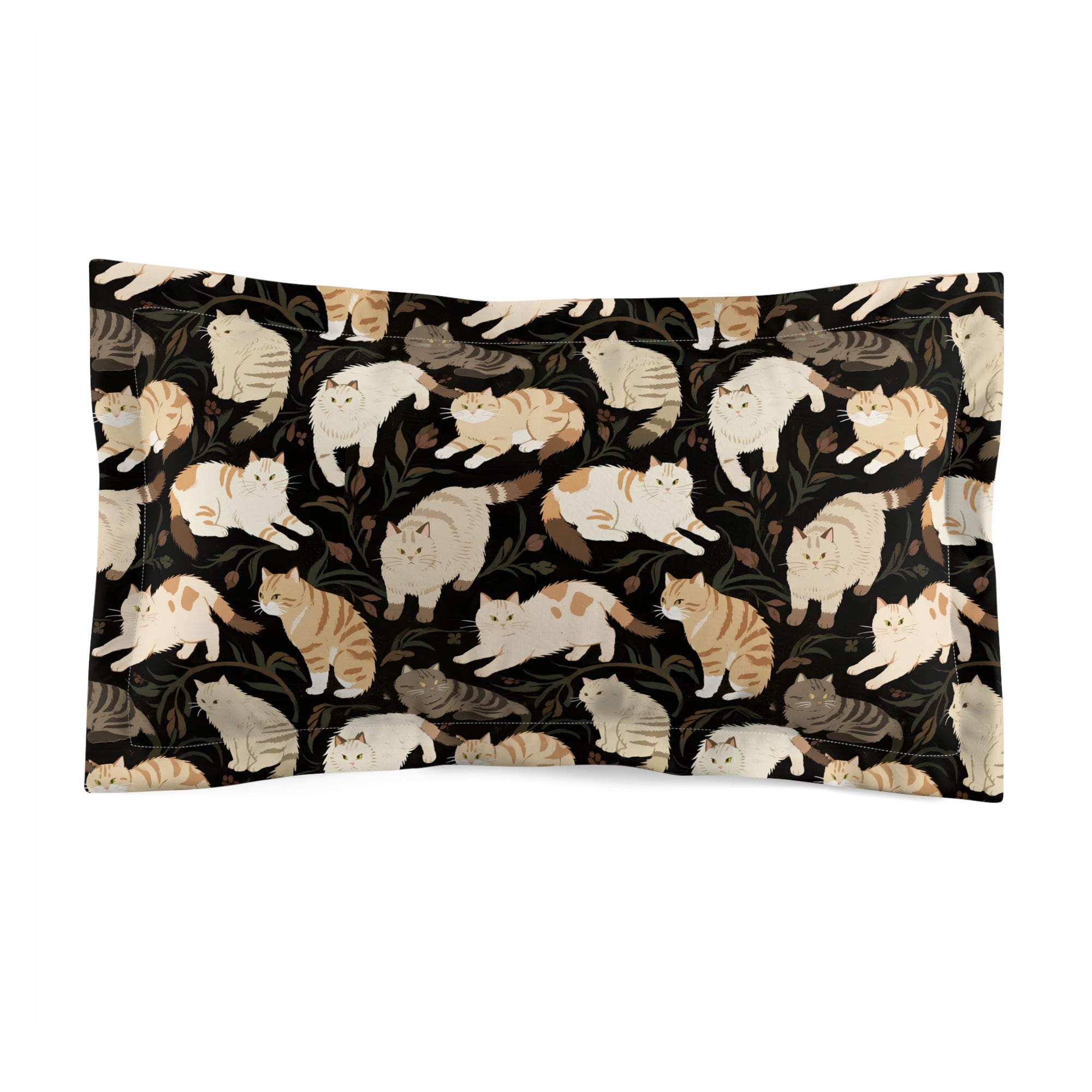 Pillow Sham - Earthy Toned Cats Lounge and Play Amidst Dark Foliage in a Serene and Naturally Inspired Seamless Pattern Design