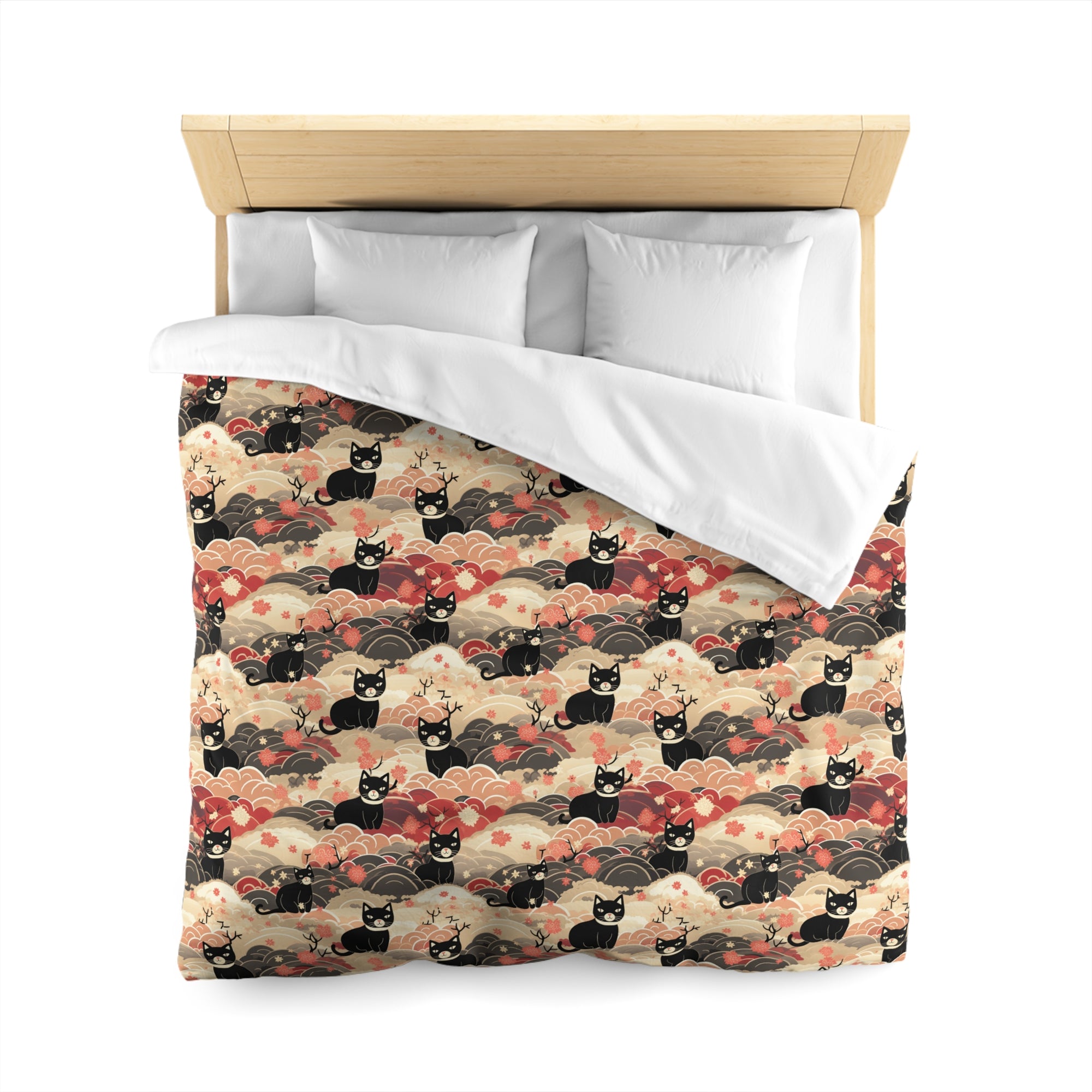 Duvet Cover - A whimsical and enchanting Japanese-style pattern featuring cute black and orange cats nestled among vibrant orange blossoms and soft, cloudy backgrounds.