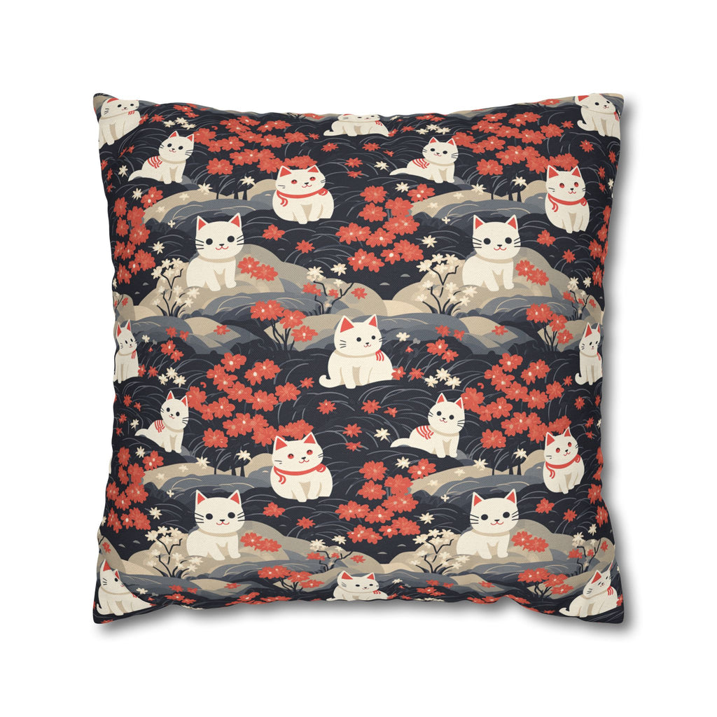Square Pillowcase - A charming, minimalist, Japanese-style illustration of cute white cats sitting amongst vibrant red and white flowers on a dark background.
