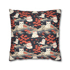Square Pillowcase - A charming, minimalist, Japanese-style illustration of cute white cats sitting amongst vibrant red and white flowers on a dark background.