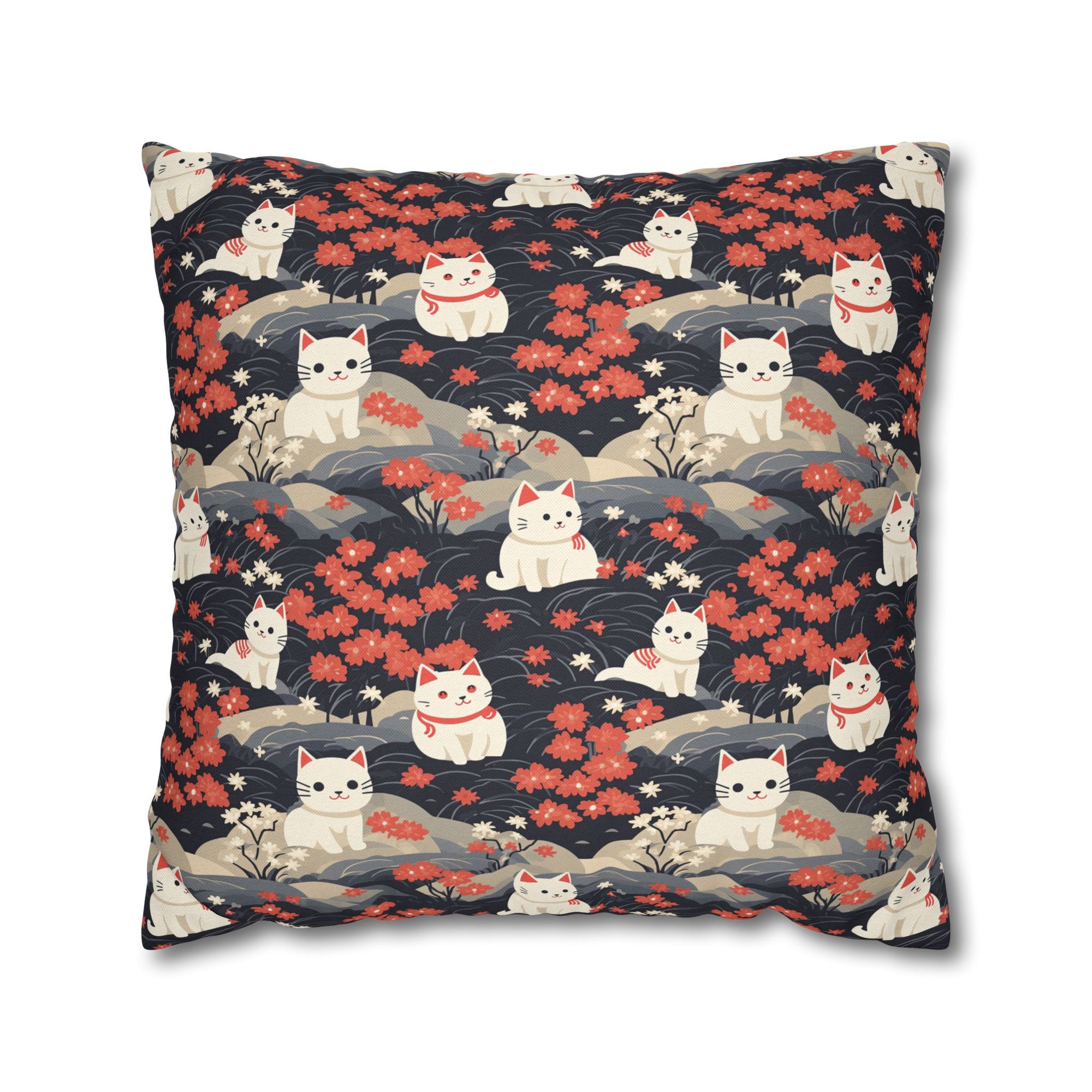 Square Pillowcase - A charming, minimalist, Japanese-style illustration of cute white cats sitting amongst vibrant red and white flowers on a dark background.
