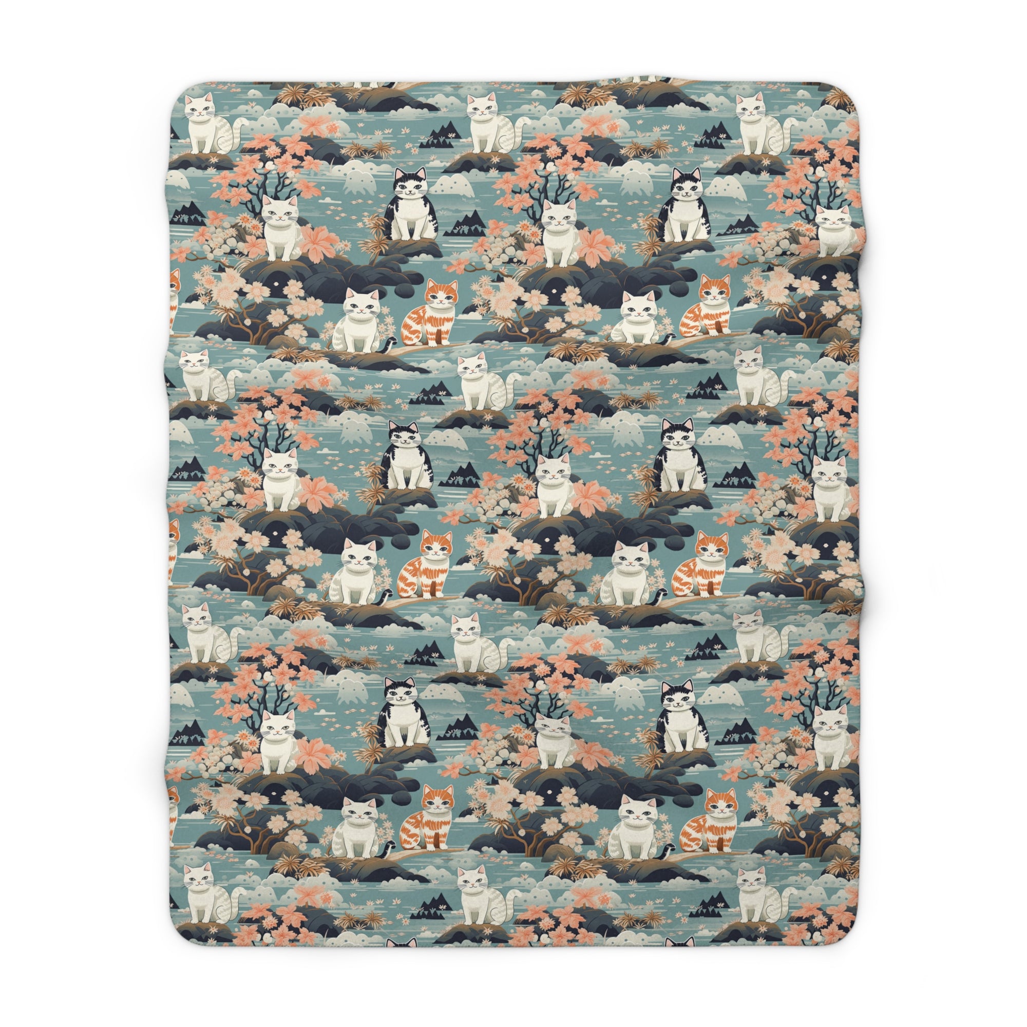 Sherpa Blanket - A serene watercolor painting of fluffy cats lounging on rocks, surrounded by cherry blossoms and blue water, in a tranquil, nature-filled, Japanese-inspired landscape.