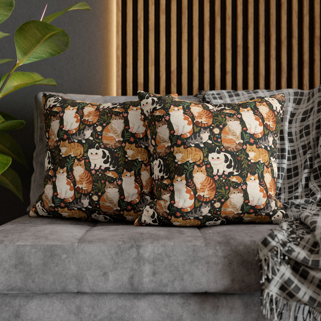 Square Pillowcase - Whimsical cat and kitten garden party, various cat breeds amidst green foliage and pink flowers, charming animal illustration, dark forest green background, playful and natural art